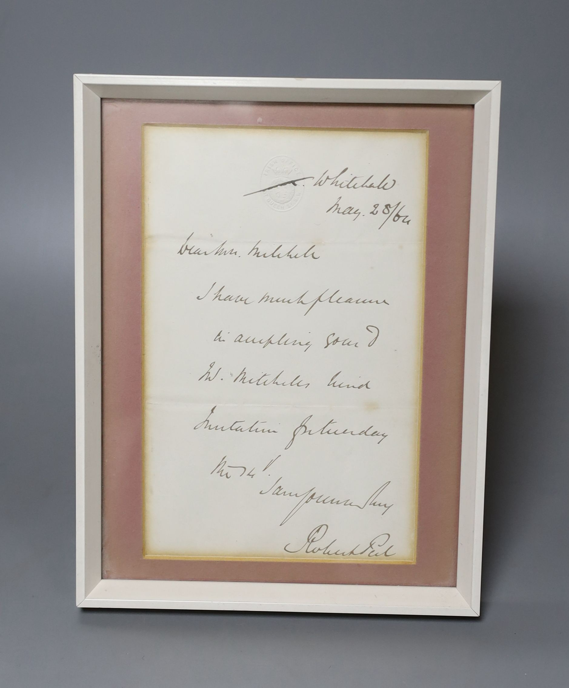 Sir Robert Peel, 3rd Baronet (1822-1895) - a signed note on Irish Office headed paper, 1864, 18cm high